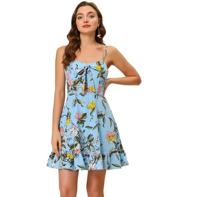 Allegra K Women's Floral Ruffle Bow Knot Lemon Spaghetti Strap Mini Sundress