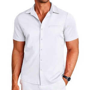 COOFANDY Men Button Up Short Sleeve Muscle Fit Stretch Dress Shirt Summer Casual Stylish Wrinkle Free Camp Tops Grey - 1 of 4