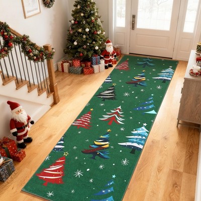Runner Rug,Washable Rug for Home Decor, Indoor Non Slip Carpet,Soft Low Pile Christmas Rugs with Xmas Tree Motif for Entryway,Living Room,Bedroom