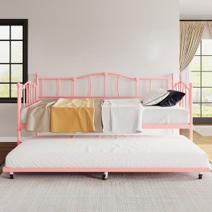Metal Twin DayBed with Trundle, Sofa Bed Frame with Pull Out Trundle, Steel Slatted Support Platform Bed, Daybed for Bedroom Living Room Small Spaces - 1 of 4