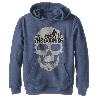 Boy's The Goonies Skull Map Logo Pull Over Hoodie - Navy Blue Heather ...