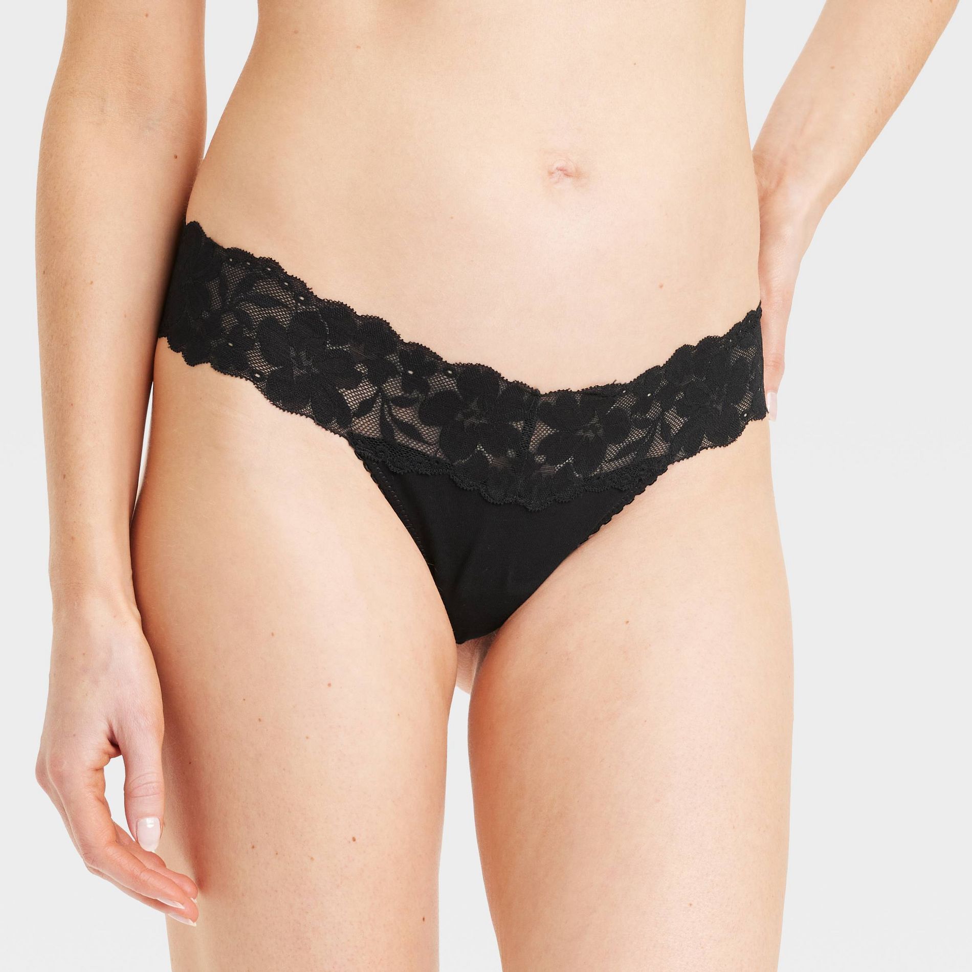 Women's Cotton Thong Underwear with Lace - Auden™ Black S: Mid Rise, Lace, Pull-On, Lightweight Fabric