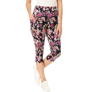 Woman Within Stretch-Cotton Knit Pull-On Printed Pocket Capri Leggings - 1 of 2