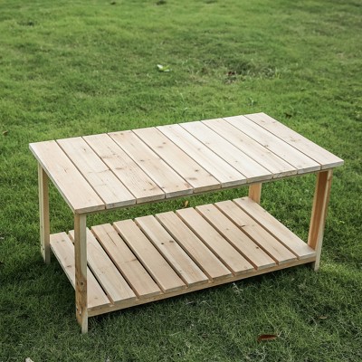 Natural Fir Wood Outdoor Coffee Table with Shelf