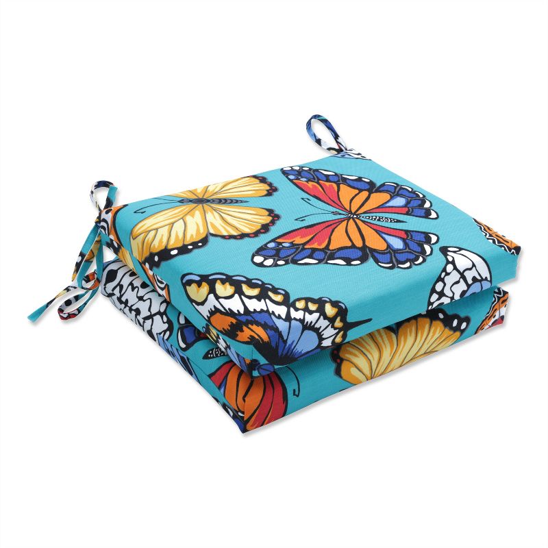 Set of 2 Butterfly Garden Outdoor/Indoor Squared Corners Seat Cushions Turquoise - Pillow Perfect, 1 of 7