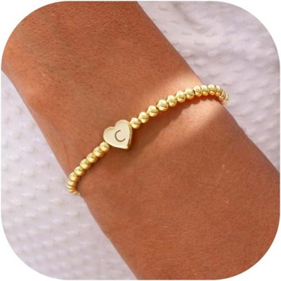 Beaded Bracelets for Women Dainty Heart Initial Bracelet Letter A-Z Charm Bracelet for Women Stretch