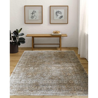 Gray and Taupe Low Pile Washable Polyester Rectangle Area Rug