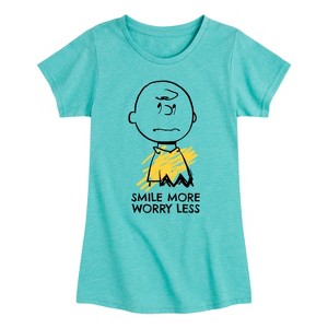Girls' - Peanuts - Smile More Worry Less Fitted Short Sleeve Graphic T-Shirt - 1 of 4