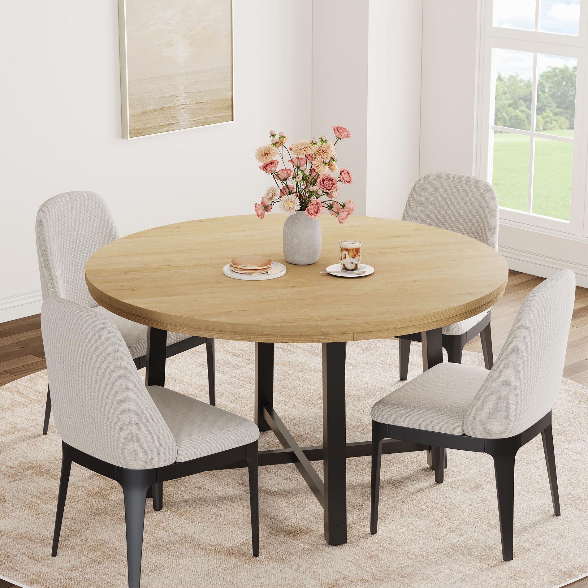 47" Round Dining Table for 4–6, Burlywood Kitchen & Dining Room Table with Sturdy Metal Frame and Thick Wood Top, Space-Saving Circle Table