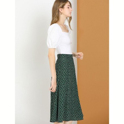 Green Floral Chiffon Midi Skirt with Elastic Waist