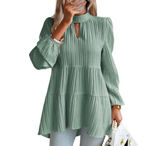 Womens Keyhole Smock Tops Vintage Flowy Peasant Blouse Tiered Boluse Lantern Sleeve Pleated Tops - 1 of 4