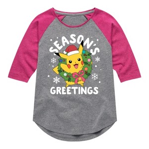 Girls' - Pokémon - Pikachu Seasons Greetings Shirt Tail Raglan Graphic T-shirt - 1 of 4