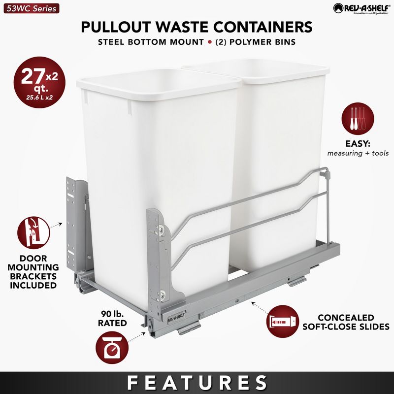 Rev-A-Shelf 53WC-1527SCDM-211 Double 27 Quart Pull-Out Under Mount Kitchen Waste Container Trash Cans with Soft-Close Slides, 4 of 7