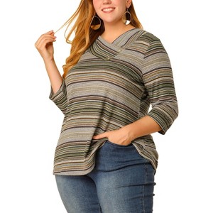 Agnes Orinda Women's Plus Size Comfy Knit 3/4 Sleeve V Neck Stripe Boho Casual Blouse - 1 of 4