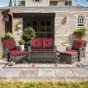 Gymojoy 6 Piece Outdoor Wicker Loveseat Sofa with Patio Chairs with Coffee Table and Ottoman Sets - 1 of 4