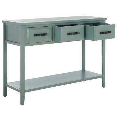 Transitional Blue Elm and Pine 3-Drawer Console Table with Open Shelf
