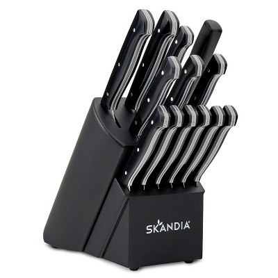 Skandia 14pc Stainless Steel Aldis Block Cutlery Set: Knife Sets with Block, Chef & Utility Knives, Sharpener, ABS Handles