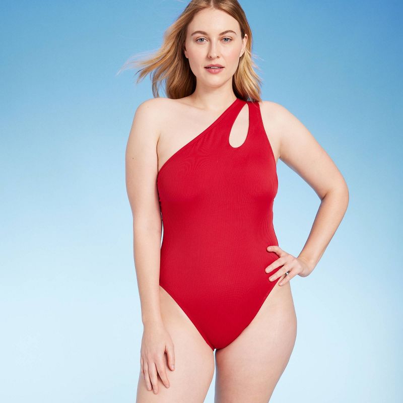 Women's One Shoulder Asymmetrical Cut Out One Piece Swimsuit - Shade & Shore™ Berry Red, 4 of 8