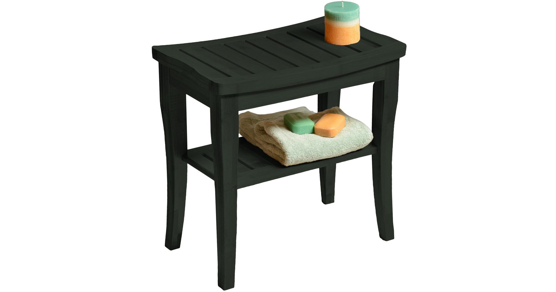 Bamboo Shower Bench Spa Stool - Wood 2-Tier Seat, Foot Rest Shaving Stool with Non-Slip Feet + Storage Shelf For Bathroom, Living Room, Bedroom Black