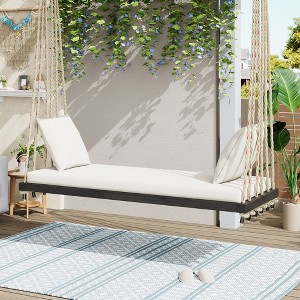 GDFStudio Jonathan Malory 63" Acacia Wood Porch Swing with 10.8Ft Hemp Ropes and Cushion - 1 of 4