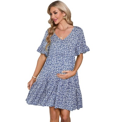 Maternity Dress Womens Casual Babydoll Dress Ruffle Short Sleeve V Neck Floral Printed Flowy Mini Short Tunic Dress