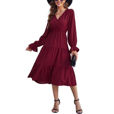 Women's Casual Wrap V Neck Midi Dress Long Sleeve Smocked Waist Tiered A Line Pleated Flowy Long Dress