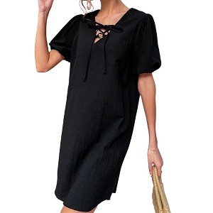 Anna-Kaci Women's Puff Sleeve Mini Dress with Lace-Up Neckline and Relaxed Woven Fit - 1 of 4