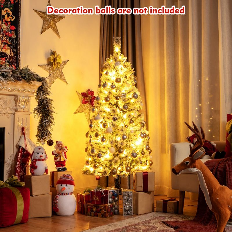 Costway 5FT Pre-Lit Hinged Christmas Tree Snow Flocked w/9 Modes Remote Control Lights, 2 of 11