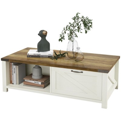 Vynxaria Farmhouse Coffee Table - White, 46"W×23.25"D×16"H, Storage (Drawer + 2 Open Shelves), 132LBS Capacity for Living Room