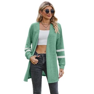 Womens Knit Shacket Sweatshirt Cardigan Stripe Color Block Open Front Lightweight Casual Cardigan - 1 of 3
