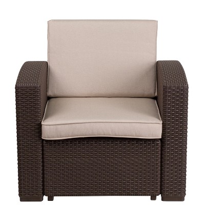 Chocolate Brown Faux Rattan Chair with Beige Cushions