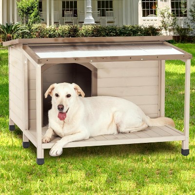 Acekool Outdoor Dog House with Porch, Cedar Wood Pet House, Double-Sided Transparent PC Roof,