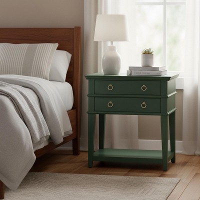 INFURNIC Nightstands Vintage 2 Drawer Tray Top Nightstand with Open Shelf and Brushed Gold Pulls for Bedroom, Green, 26"*18"*26.75"