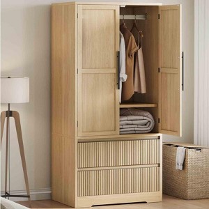 Wooden Armoire Wardrobe Closet, Freestanding Large Wardrobe Armoire Cabinet with Glass Doors and 2 Drawers, Shelves, Hanging Rod for Bedroom - 1 of 4