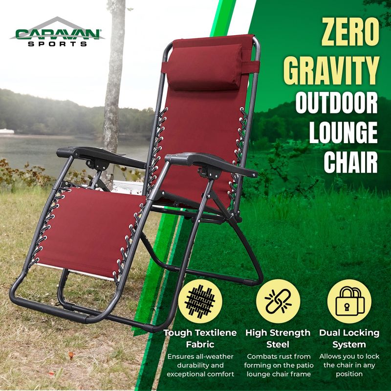 Caravan Sports Zero Gravity Outdoor Portable Folding Camping Lawn Deck Patio Pool Recliner Lounge Chair for Adults, Adjustable Headrest, Burgundy, 2 of 7