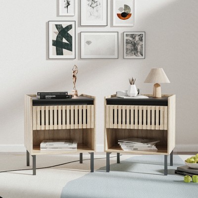 RISOKEYS  2 pcs Modern Nightstand, Accent Fence Design End Tables Nightstand with Storage Drawers, for Bedroom, Living Room, Offices