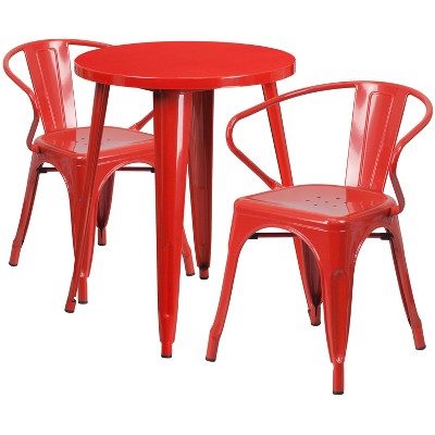 Emma and Oliver Commercial Grade 24" Round Red Metal Indoor-Outdoor Table Set with 2 Arm Chairs