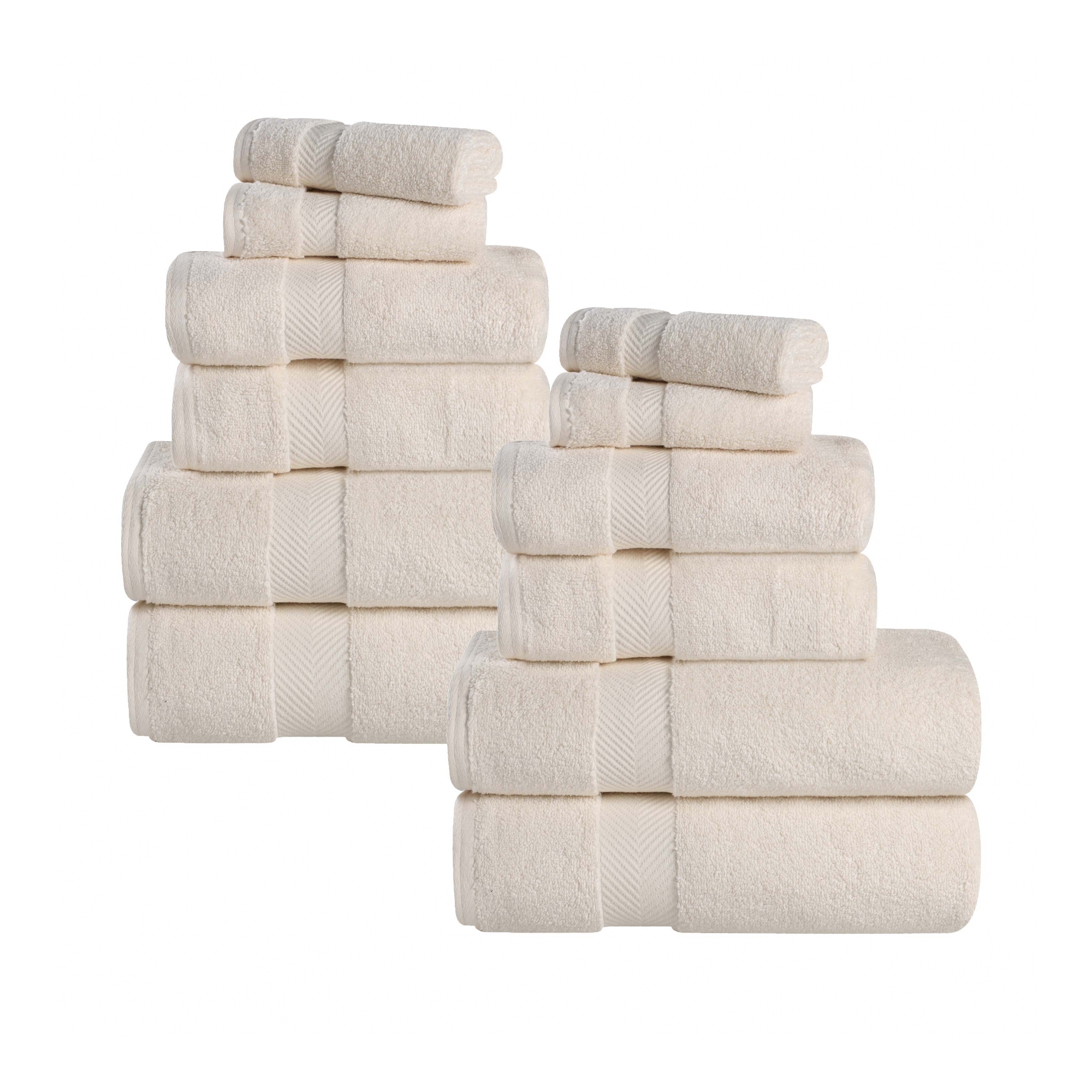 Zero Twist Cotton Solid Chevron Dobby Border Super Soft 12 Piece Assorted Bathroom Towel Set, Ivory - Blue Nile Mills