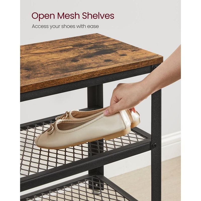 VASAGLE 28.7" Shoe Rack Bench 3-Tier Shoe Shelf Storage Bench with Metal Mesh Shelves and Seat Shoe Rack, 4 of 8
