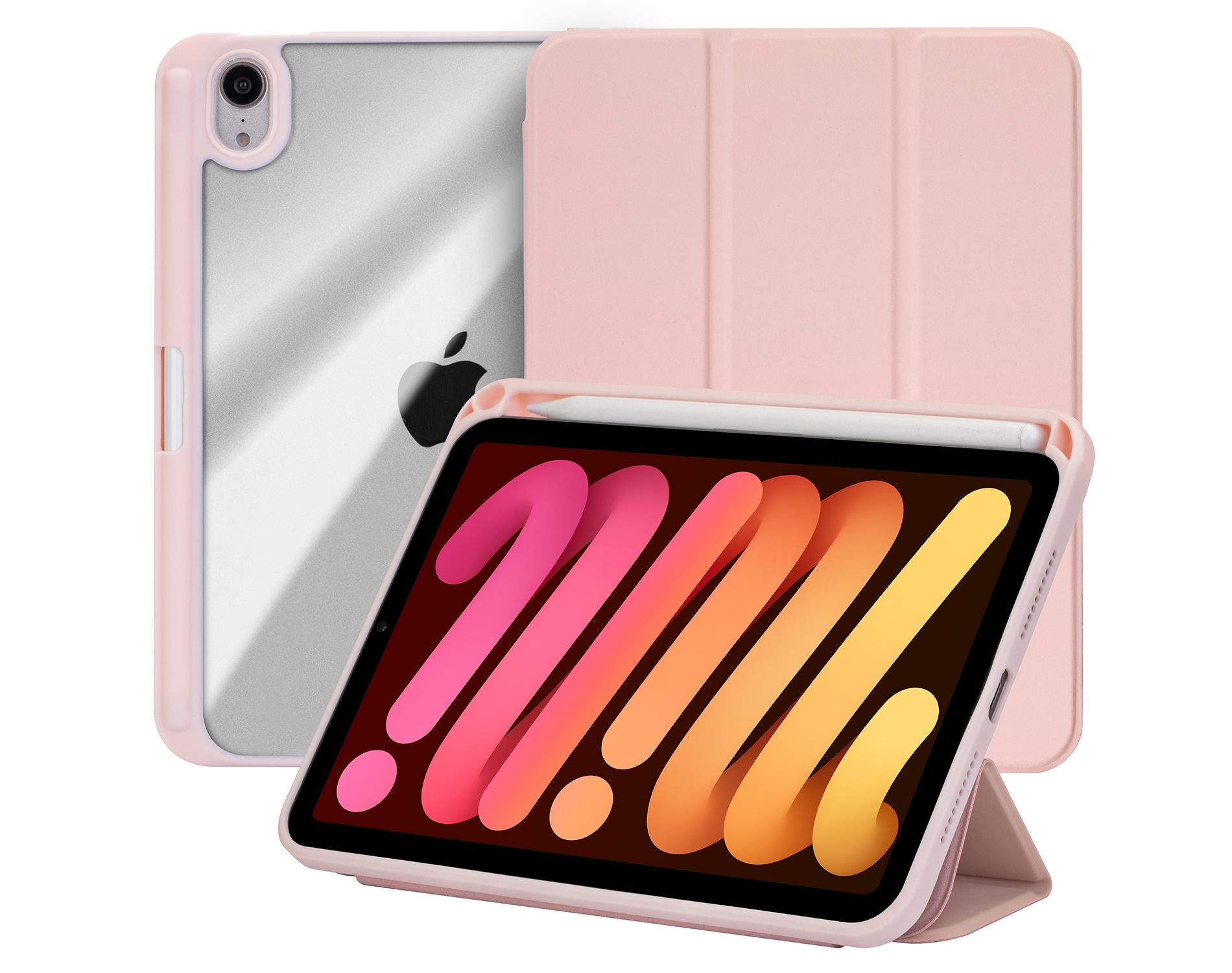 Vena For Apple iPad Mini 7 Case Clear, iPad Mini 6 Case Cover with Slim Trifold Stand, iPad Mini A17 Pro Case Cover, Pink