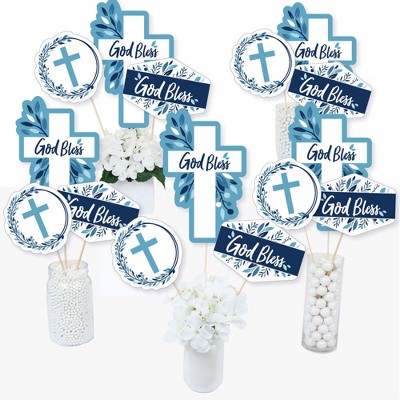 Big Dot of Happiness Blue Elegant Cross - Boy Religious Party Centerpiece Sticks - Table Toppers - Set of 15