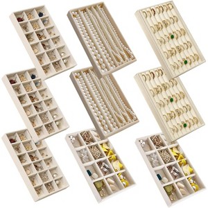Set of 9 Adjustable Velvet Jewelry Trays, Stackable Drawer Organizer Inserts for Necklaces, Earrings & Rings, Beige - 1 of 4