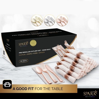 Rose Gold Polished Disposable Silverware Set with Linen Napkins