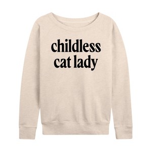 Women's - Instant Message - Childless Cat Lady Black Lightweight French Terry Wide Neck Long Sleeve Graphic Shirt - 1 of 4