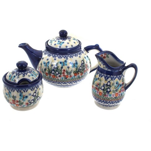 3 Piece Blue Tea Set, Blue Rose Teapot, Creamer & Covered Sugar