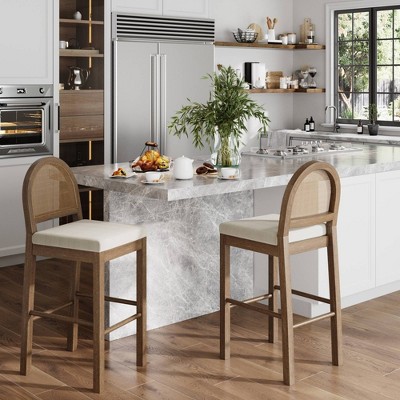 Bailey Cream Boucle and Rattan Back Bar Stool with Solid Wood Legs