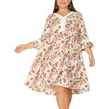 Agnes Orinda Women's Plus Size Retro V Neck Ruffle 3/4 Sleeve Floral Print Babydoll Flare Midi Dresses