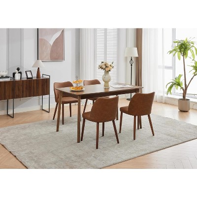 Leather Dining Chairs Set Upholstered PU Dining Chair with Wood Legs, Wing Backrest, Wooden Kitchen Chairs with Thick Cushions