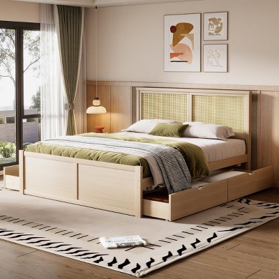 Streamdale Queen Size Wood Storage Platform Bed with 4 Drawers, Rattan Headboard, Nature