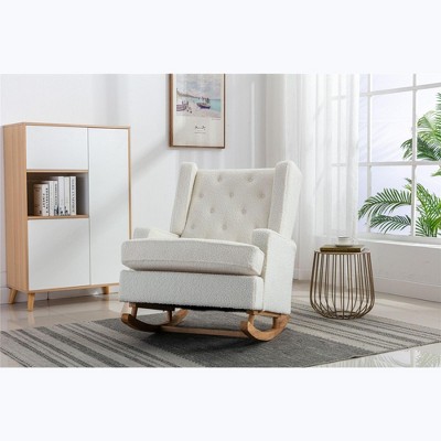 TOAOTBNBO Rocking Accent Chair with Soft Cushion, Modern Armchair with Solid Wood Teddy Upholstered Chair for Reception Room, White